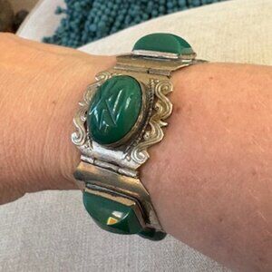 Vintage Taxco Mexico 925 Sterling Carved Green Onyx Station Bracelet